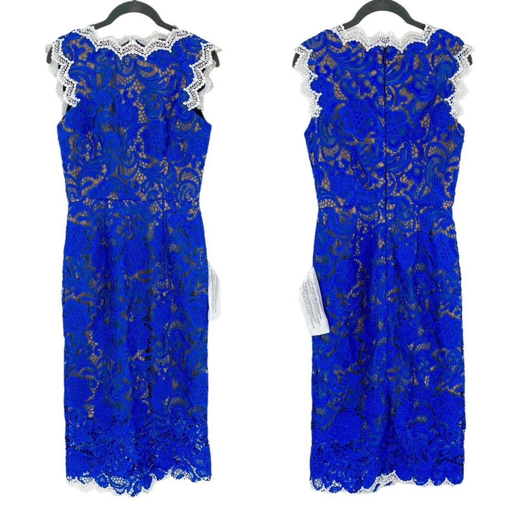DRESS THE POPULATION Claudette Dress Blue Lace Midi Sleeveless Size Small NEW
